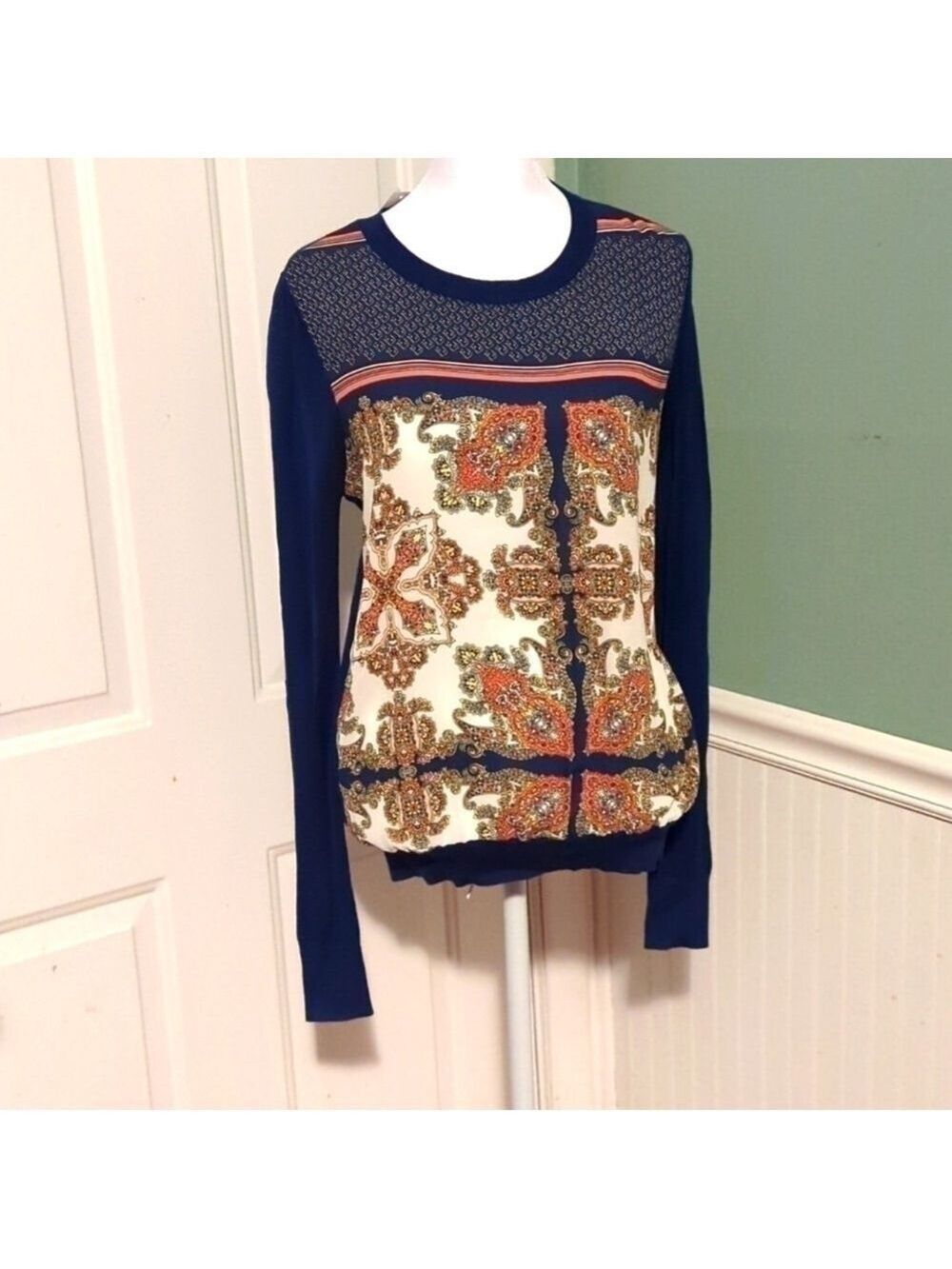 41 Hawthorn Navy Blue Paisley Sweater Small